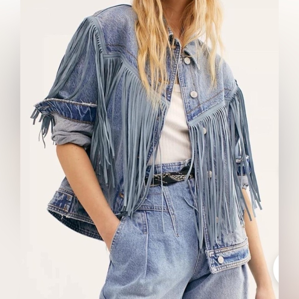 Free People Denim Jacket with Suede Fringe